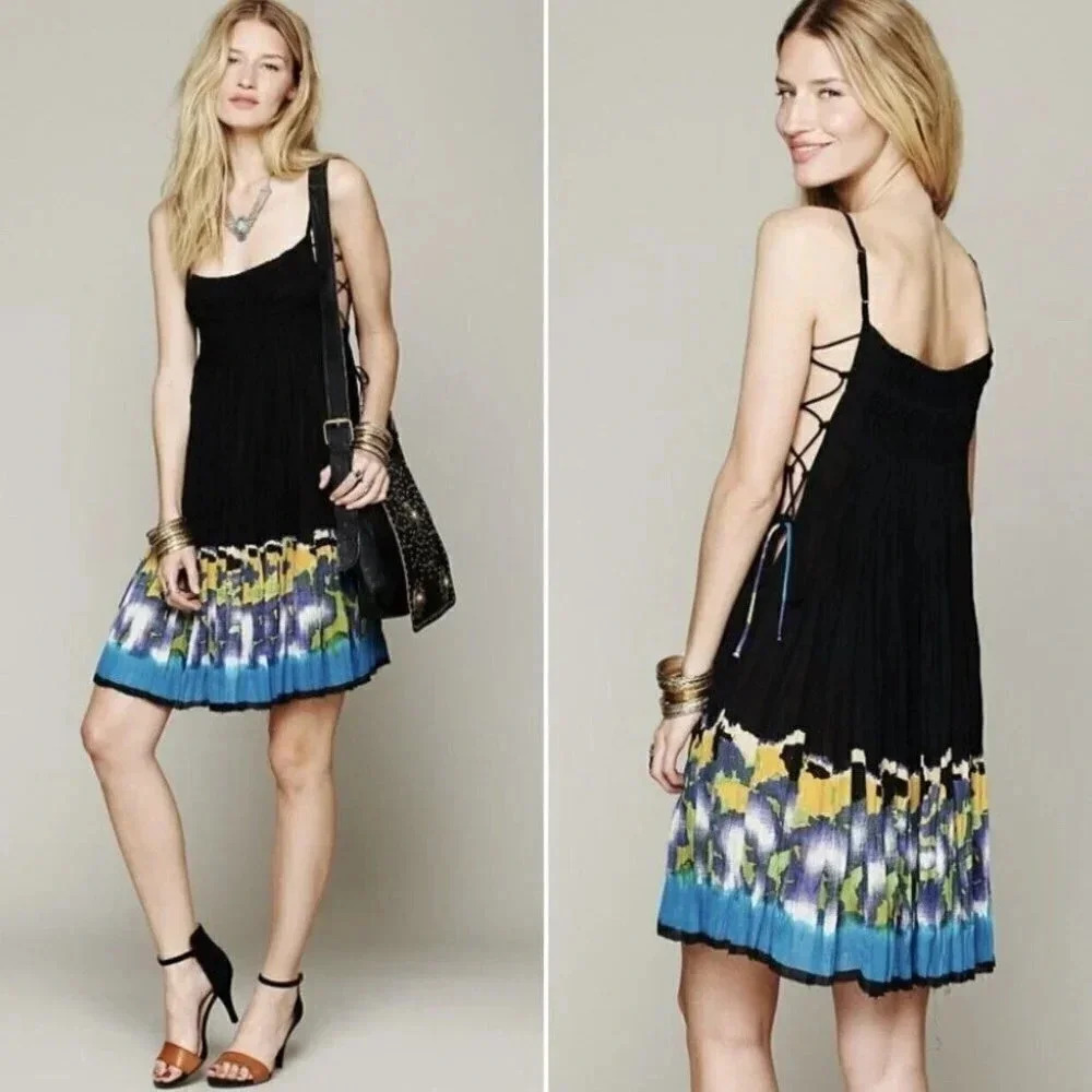 Free People Fp One Black Imperial Palm Pintuck Printed Boho Dress